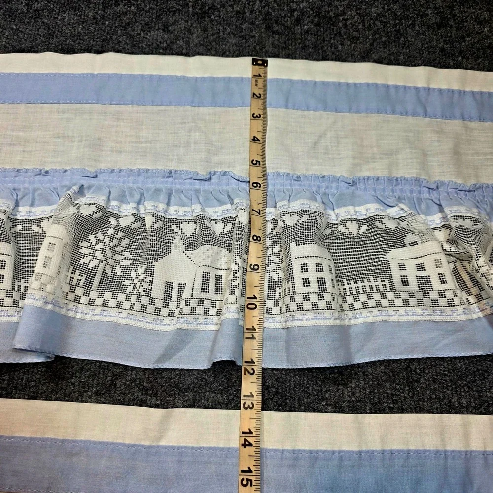 Vintage Blue White Village Scene Lace Ruffle Tier Curtains Set of 2 Valance USA